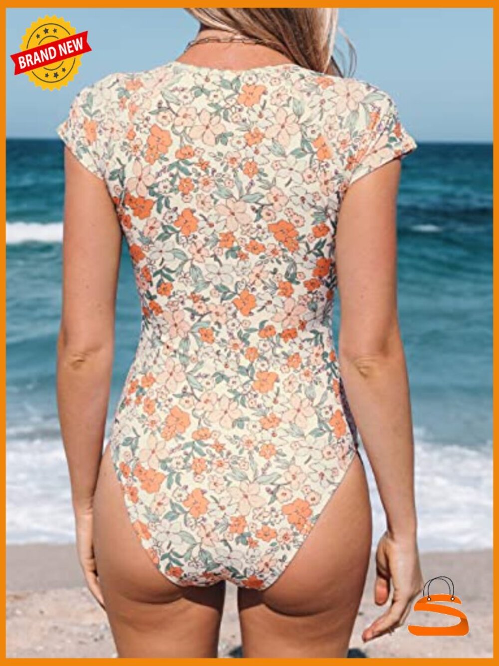 Mock Neck Zipper Short Sleeve One Piece Swimsuit - Picture 2 of 7
